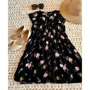 Free People Greatest Day Black Floral Smocked Mini Dress Small Boho Button Front